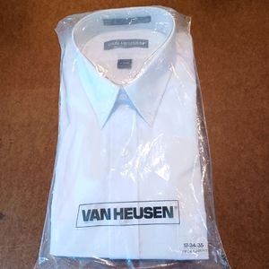 Van Heusen white, long sleeve (button cuff) dress shirt.  17 neck. 34/35 sleeve